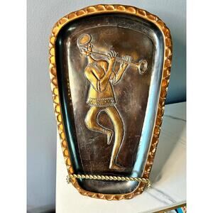Vintage Israeli Copper Wall Plaque – Musician Flute Player – Mid-Century Decor